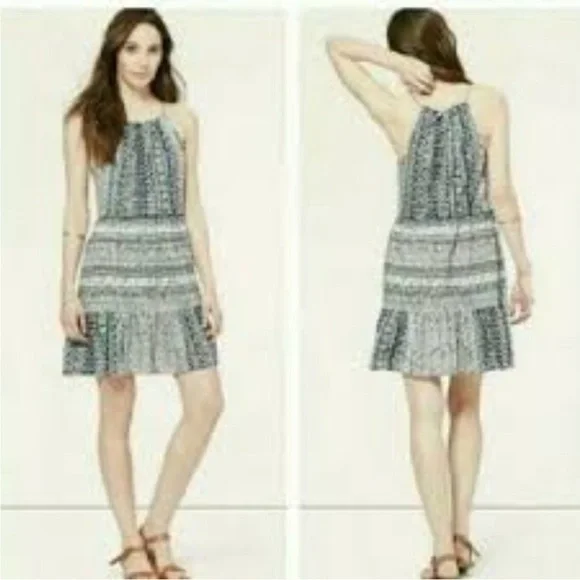 🐚 NEW LOFT Navy White Tribal Geometric Print Tiered Halter Summer Dress Sz M - Picture 2 of 7